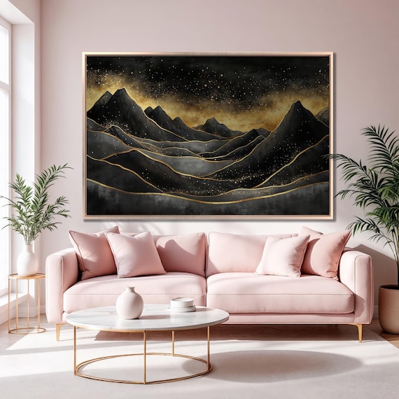 Black Gold Mountains Night Starry Sky Gilded Ridges Celestial Art Poster