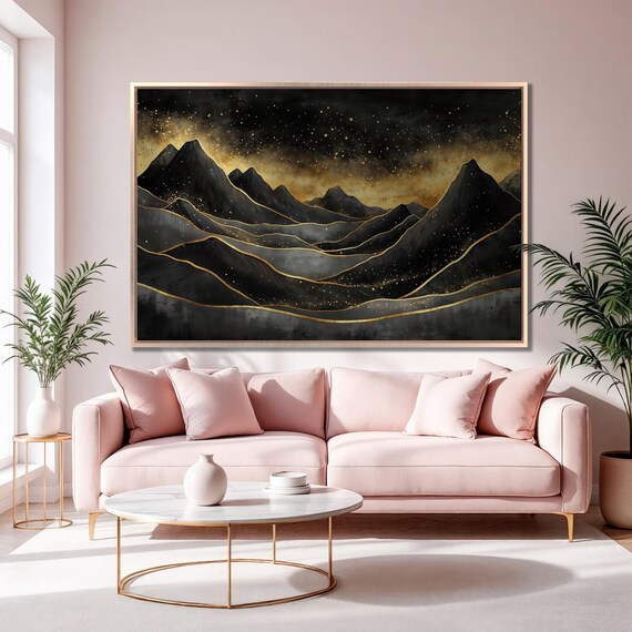 Mystical Mountains Framed Print Black And Gold Landscape Luxury Art Starry Night Painting Print Celestial Decor Ready To Hang