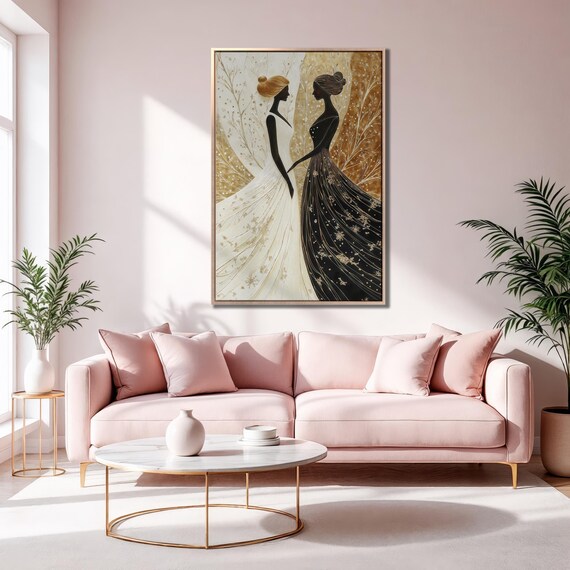 Two Women Silhouettes Day Night Dresses Elegant Gold Art Poster