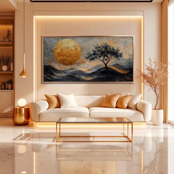 Mystical Landscape Framed Print Golden Moon Luxury Art Black Tree Silhouette Painting Print Abstract Waves Decor Ready To Hang