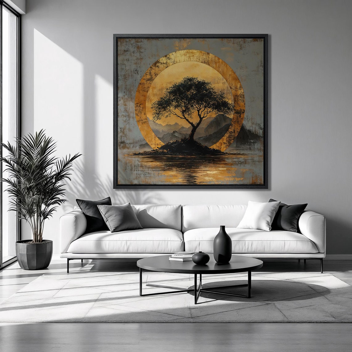 Lone Tree Island Gold Ring Halo Geometric Zen Landscape Art Poster
