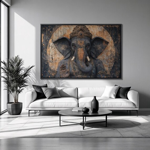 Lord Ganesha Blessing Hand Golden Circle Abstract Hindu Wall Art Poster