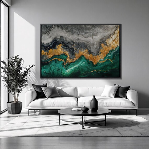 Marble Effect Framed Print Abstract Fluid Luxury Art Gray Gold And Green Painting Print Contemporary Decor Gift Ready To Hang