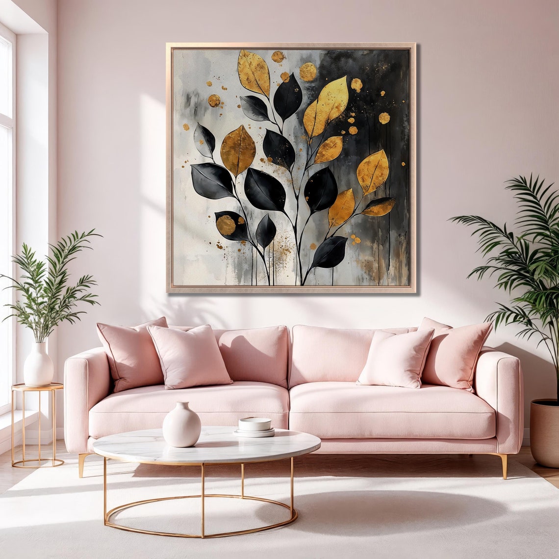 Black And Gold Leaves Branch Abstract Botanical Square Wall Art