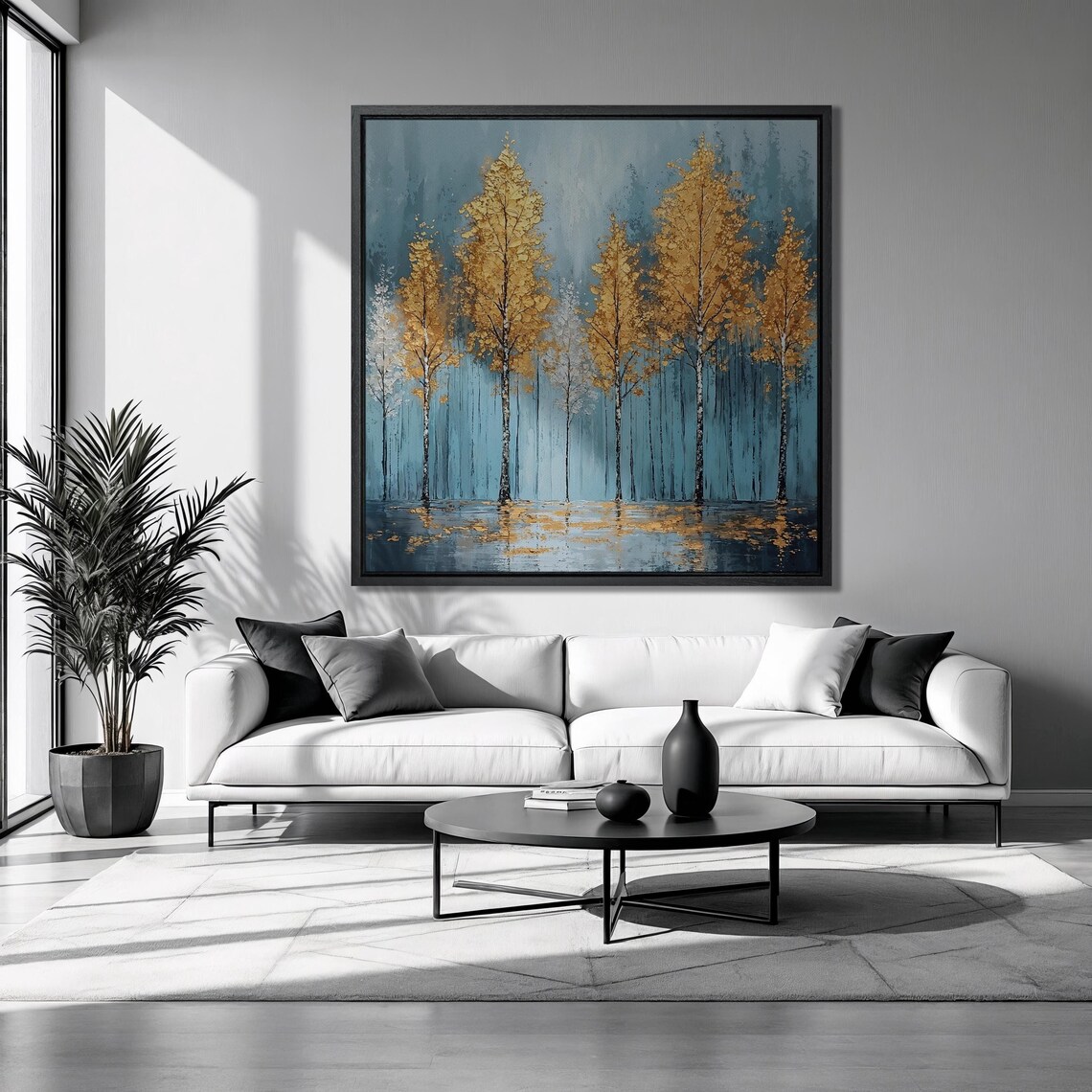 Golden Autumn Trees Blue Misty Lake Reflection Forest Art Print Poster