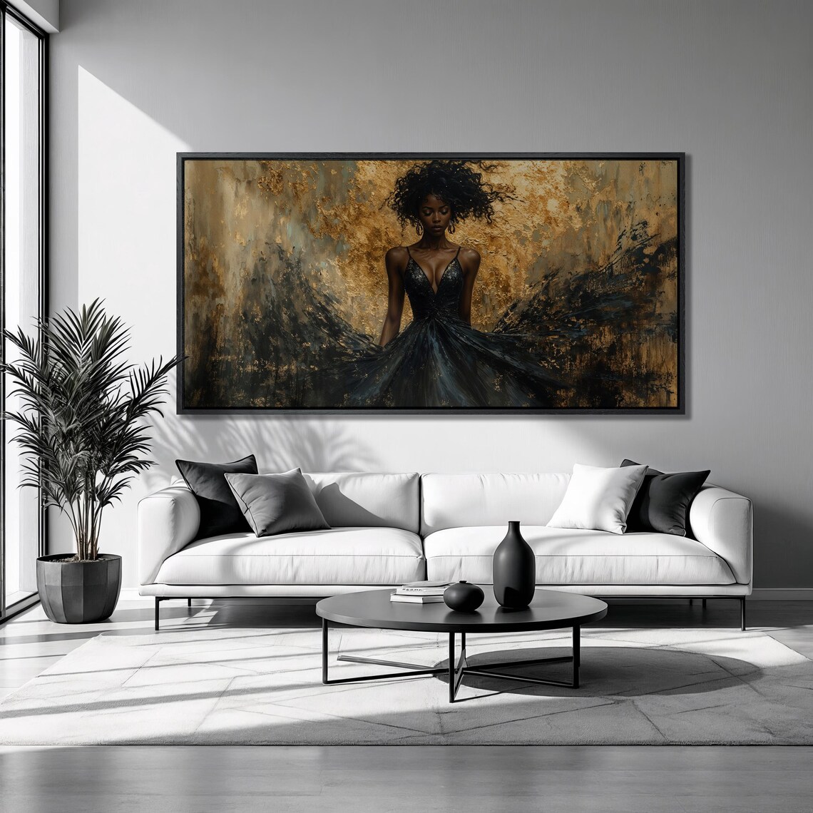 Stunning Black Woman Black Gown Gold Night Dramatic Fashion Poster