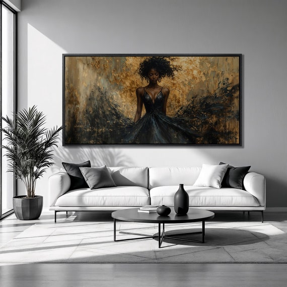 Sophisticated Dramatic Woman Framed Print Dynamic Luxury Art Stylish Black Girl Painting Print Fashion Decor Ready To Hang