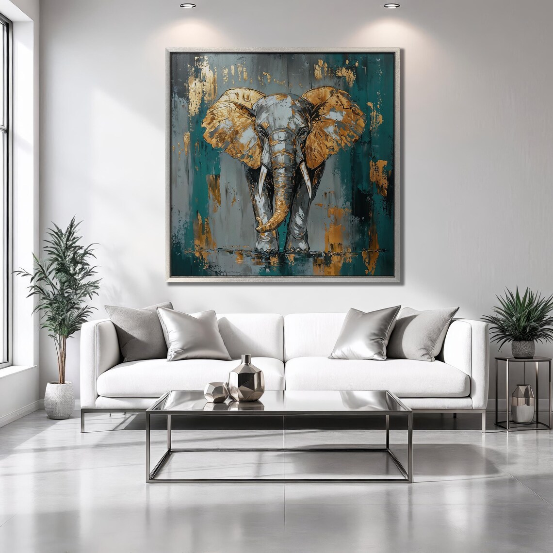 Gray Elephant With Golden Ears On Teal Background Wildlife Poster