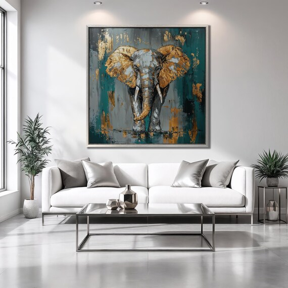 Gray Elephant With Golden Ears On Teal Background Wildlife Poster