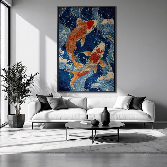 Koi Fish In Waves Artwork Framed Asian Fishes Luxury Art Underwater Animal Painting Print Mystical Aquatic Decor Ready To Hang