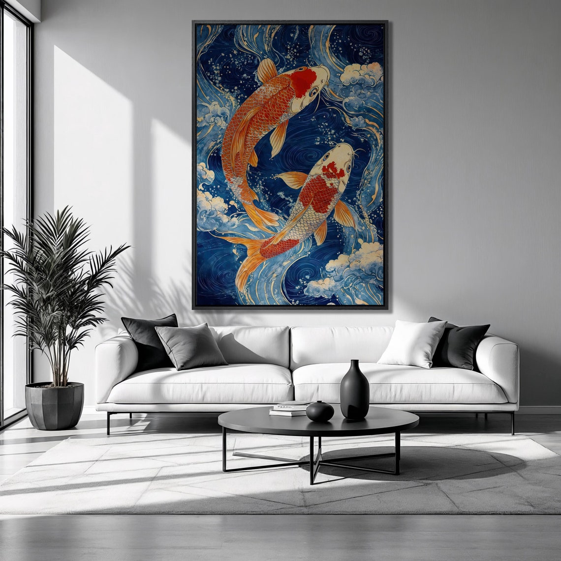 Two Koi Fish Swimming In Blue Waves Japanese Style Aquatic Poster