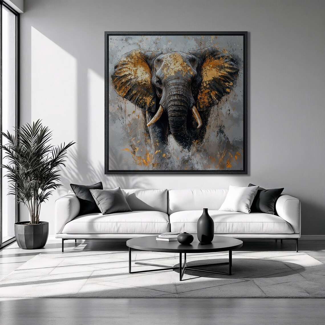 Golden Gray Elephant Front Portrait White Tusks Abstract Wildlife Art Poster