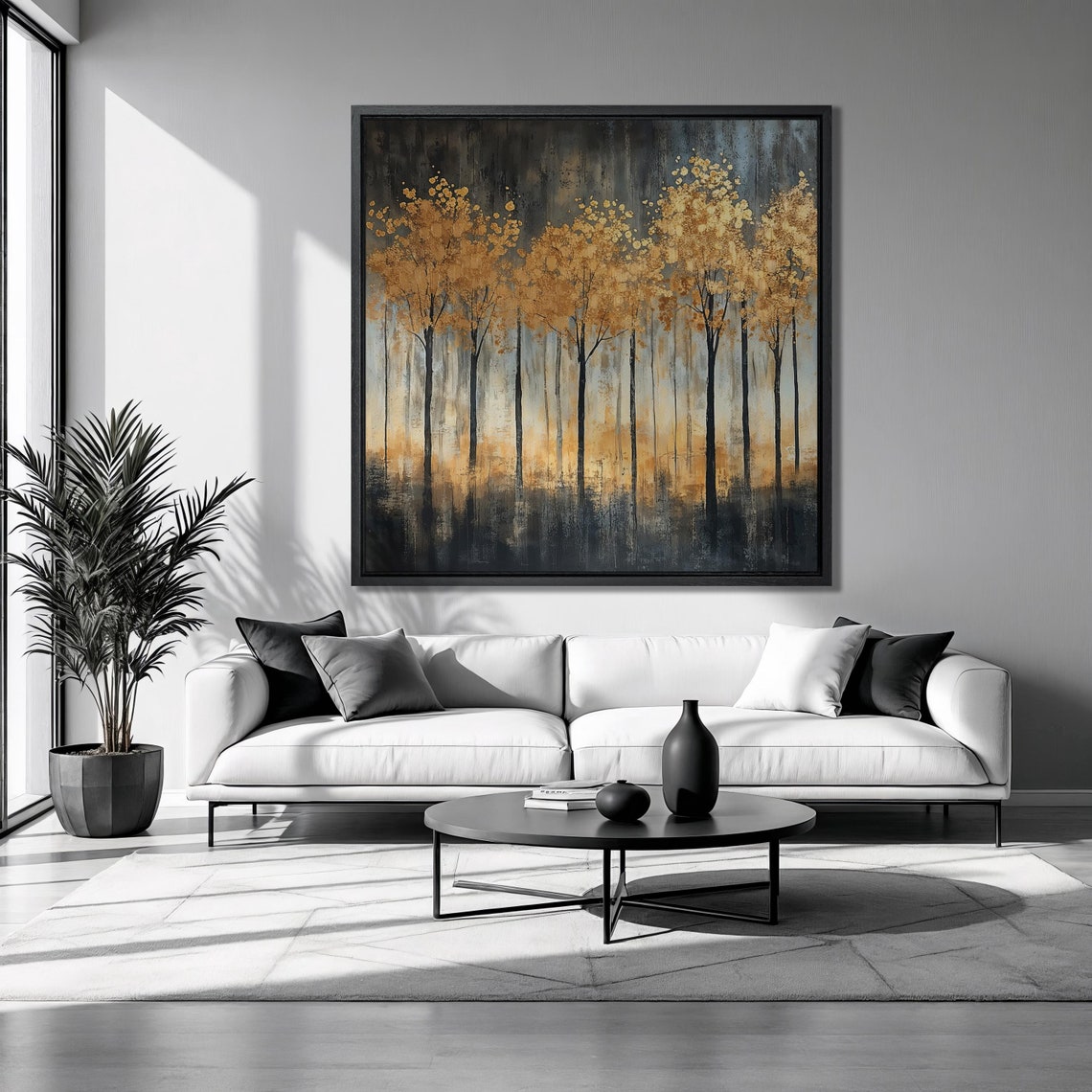 Tall Golden Trees Dark Blue Night Forest Silhouette Art Poster