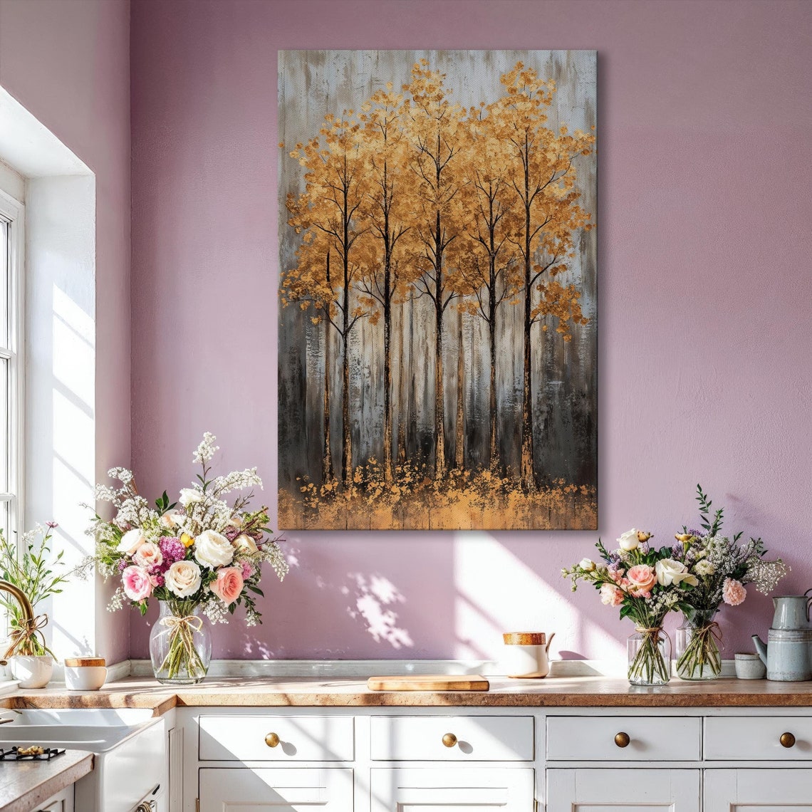 Golden Autumn Trees Black Trunks Fall Forest Nature Painting Poster