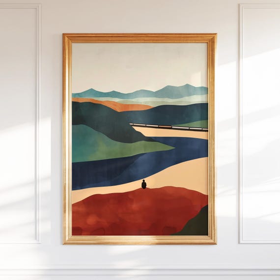 Abstract Landscape Wall Art Mountain River Poster With Train And Figure Modern Travel Inspired Artwork For Home Decor