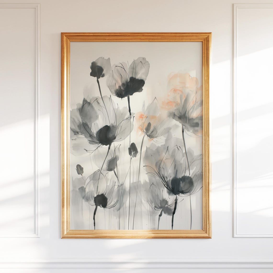 Soft Gray Ink Wash Poppy Flowers Botanical Japandi Art Poster