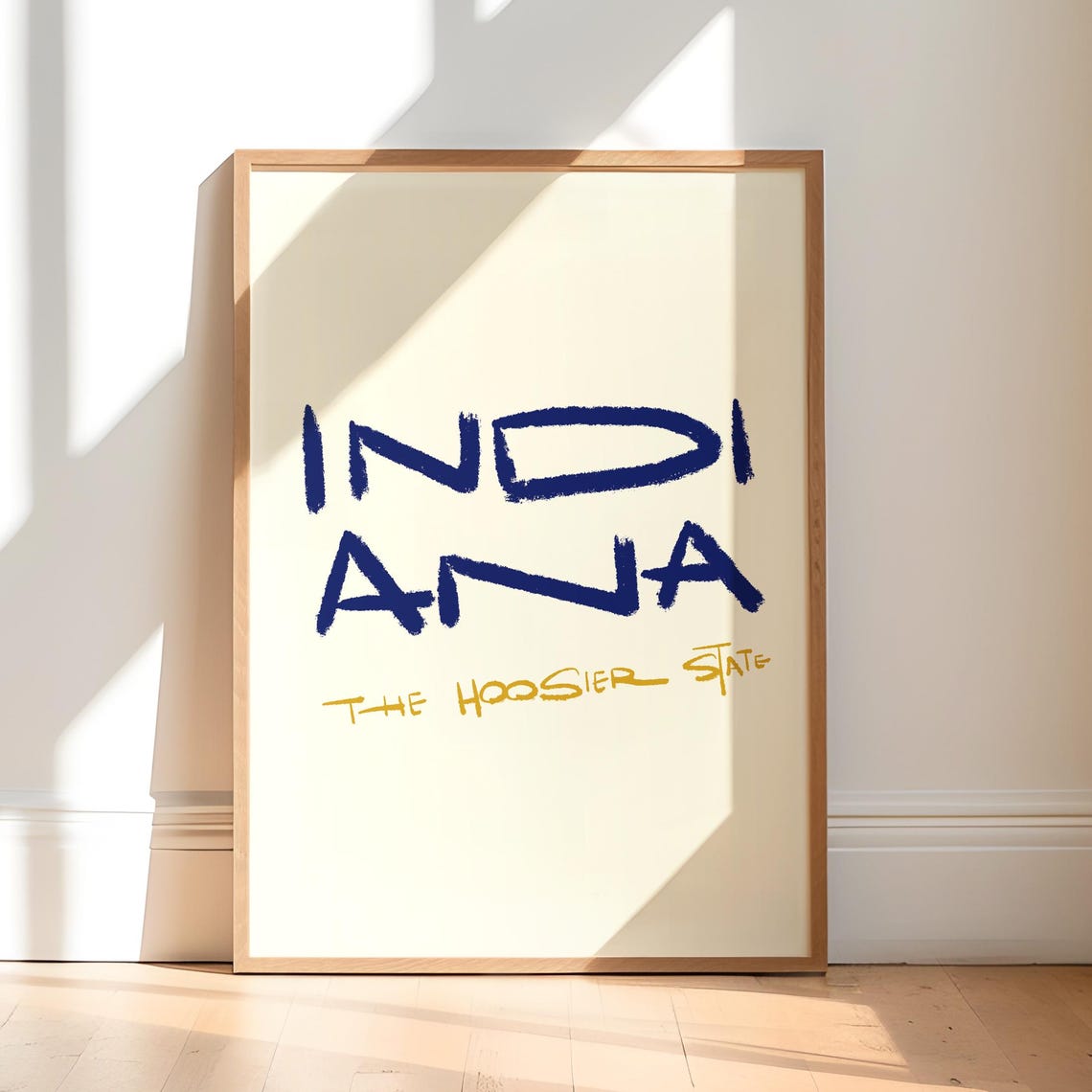 Indiana The Hoosier State Calligraphy Poster in Navy and Gold