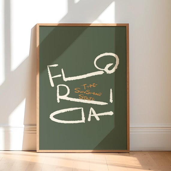 Florida The Sunshine State Calligraphy Poster on Deep Olive Green