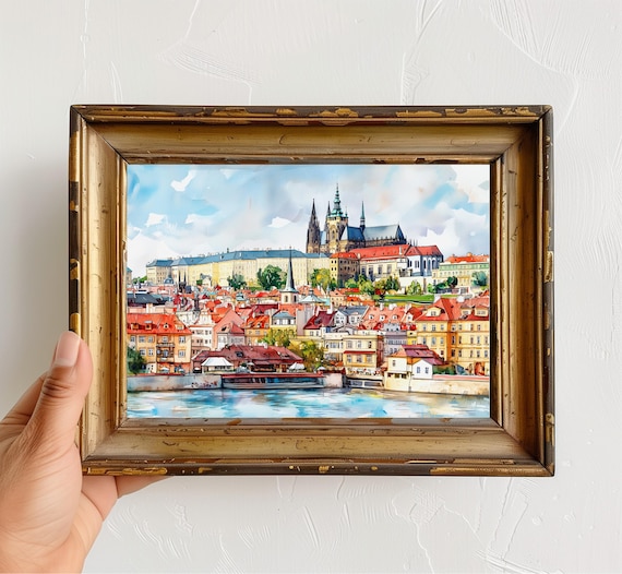 Prague Castle Czechia Colorful Watercolor Old Town Cityscape Poster