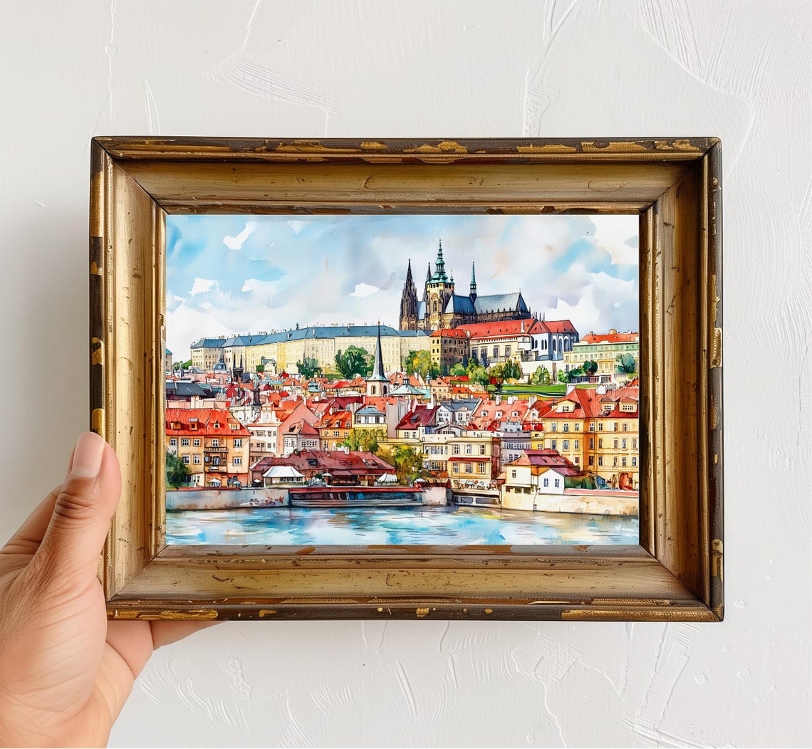 Prague Castle Czechia Colorful Watercolor Old Town Cityscape Poster