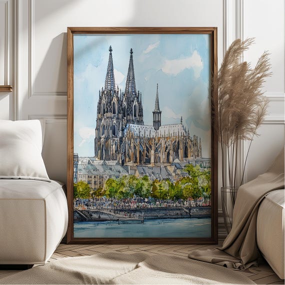 Cologne Cathedral Watercolor Print Germany Cityscape Wall Art Vibrant Architecture Painting Travel Poster