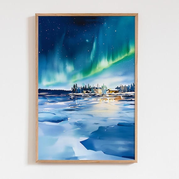 Lapland Finland Watercolor Art Print, Winter Landscape