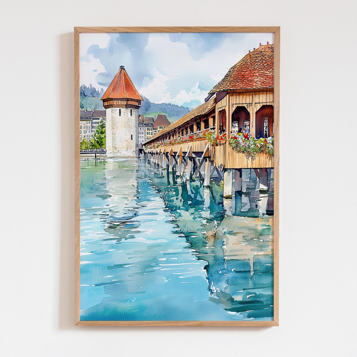 Lucerne Switzerland Bridge Watercolor Travel Poster