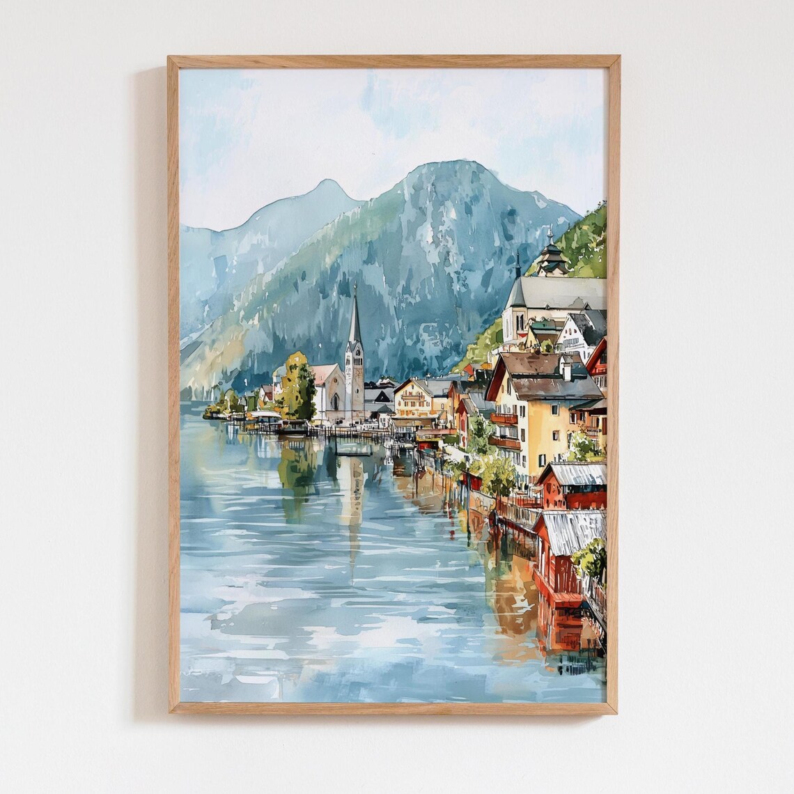Hallstatt Austria Watercolor Art Print, Villagecore Lake