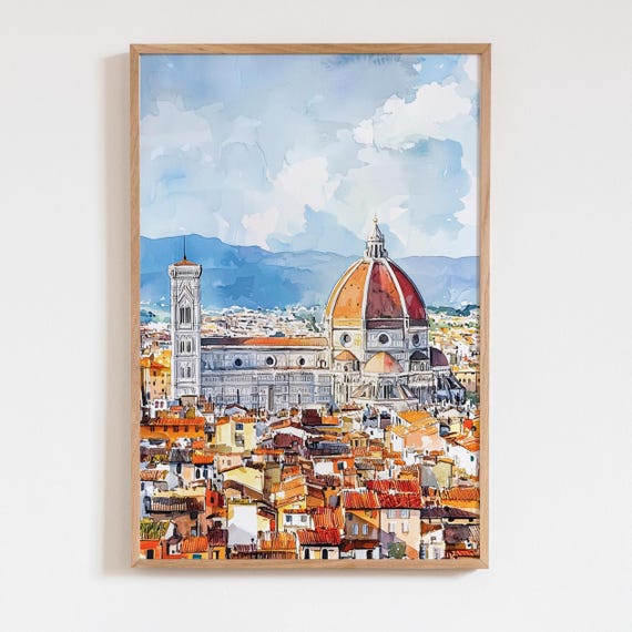 Florence Italy Skyline Watercolor Print Aerial View City Wall Art Colorful Travel Poster Cathedral Duomo