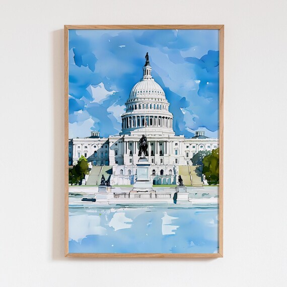 United States Capitol Watercolor Washington DC Landmark Blue Sky Dome Poster