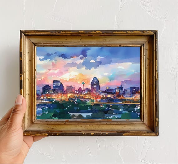 San Antonio Skyline Watercolor Print Cityscape Wall Art At Dusk With Riverwalk View Texas Travel