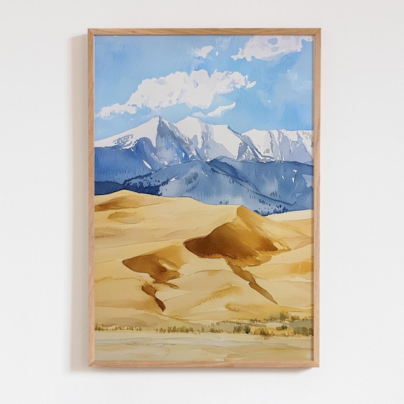 Great Sand Dunes Colorado Watercolor Snowy Mountain Wall Art