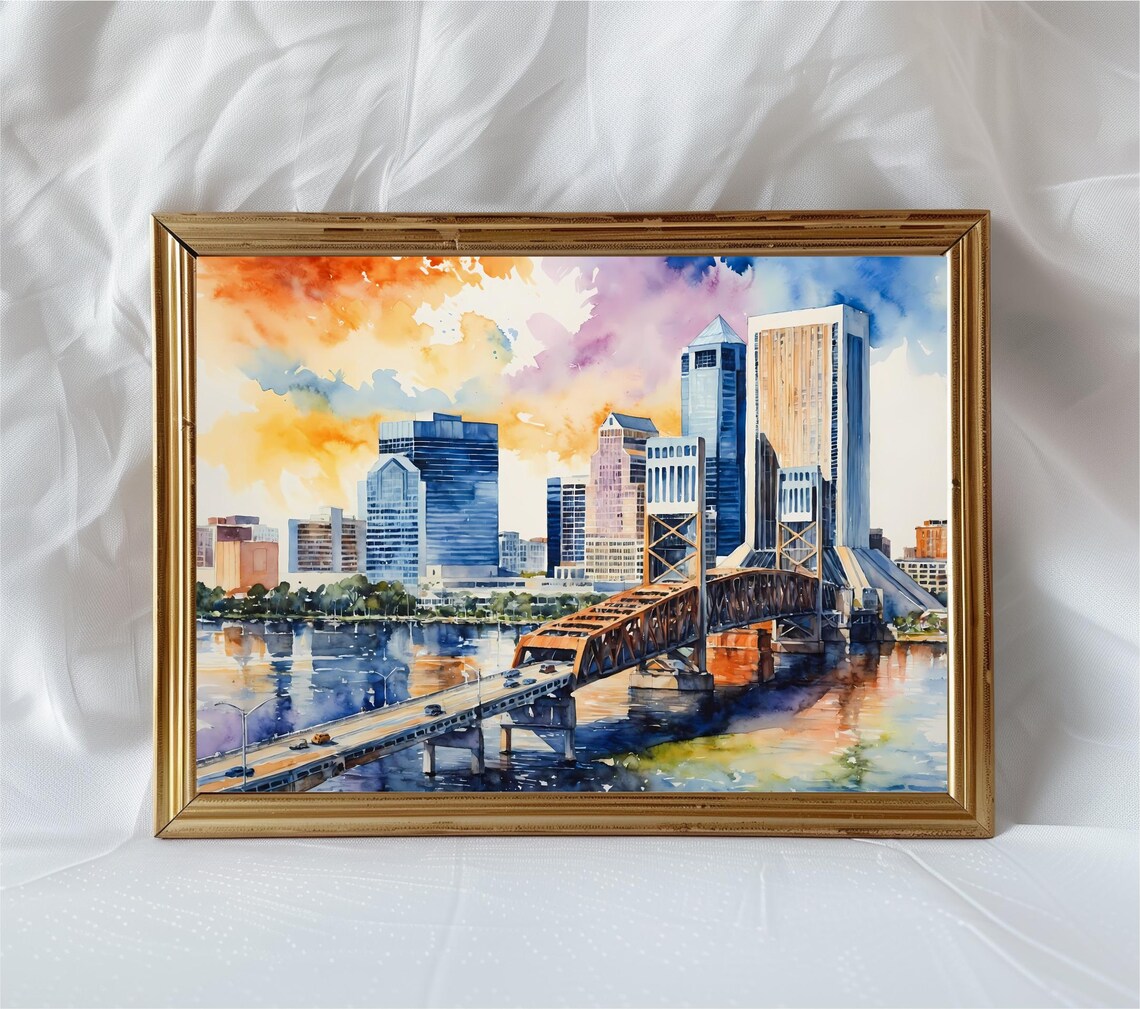Jacksonville Florida Skyline Watercolor Travel Poster