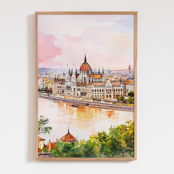 Hungarian Parliament Watercolor Print, Budapest Cityscape