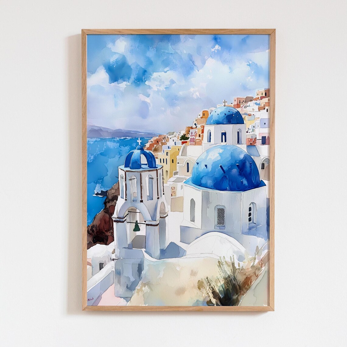 Santorini Greece Watercolor Art Print, Mediterranean Seaside