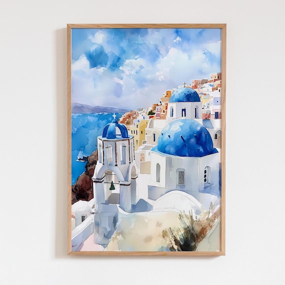 Santorini Greece Watercolor Art Print, Mediterranean Seaside