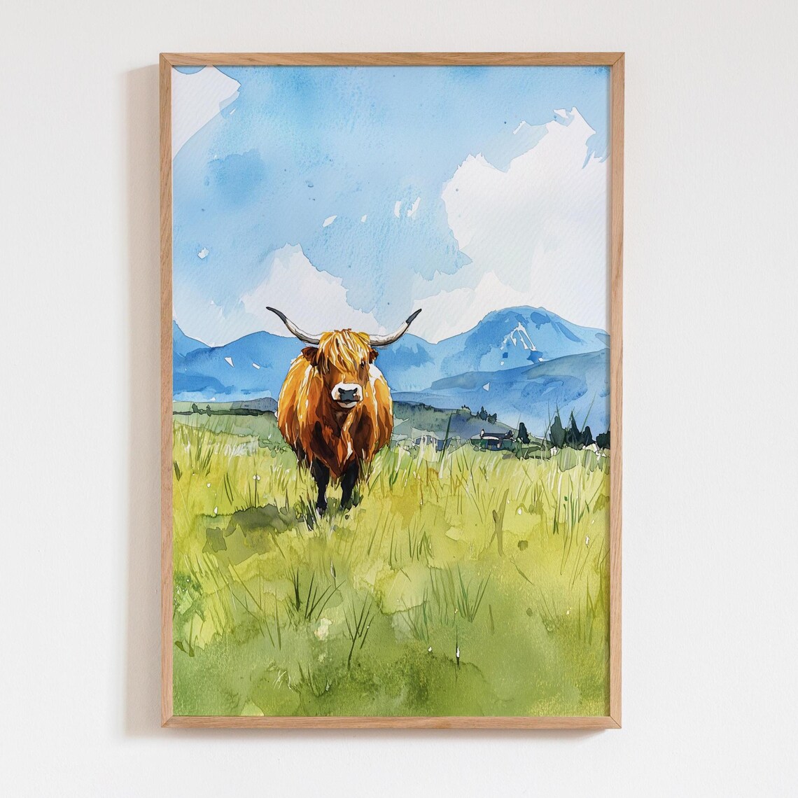 Highland Cow Watercolor Scottish Pasture Cattle Animal Art Poster