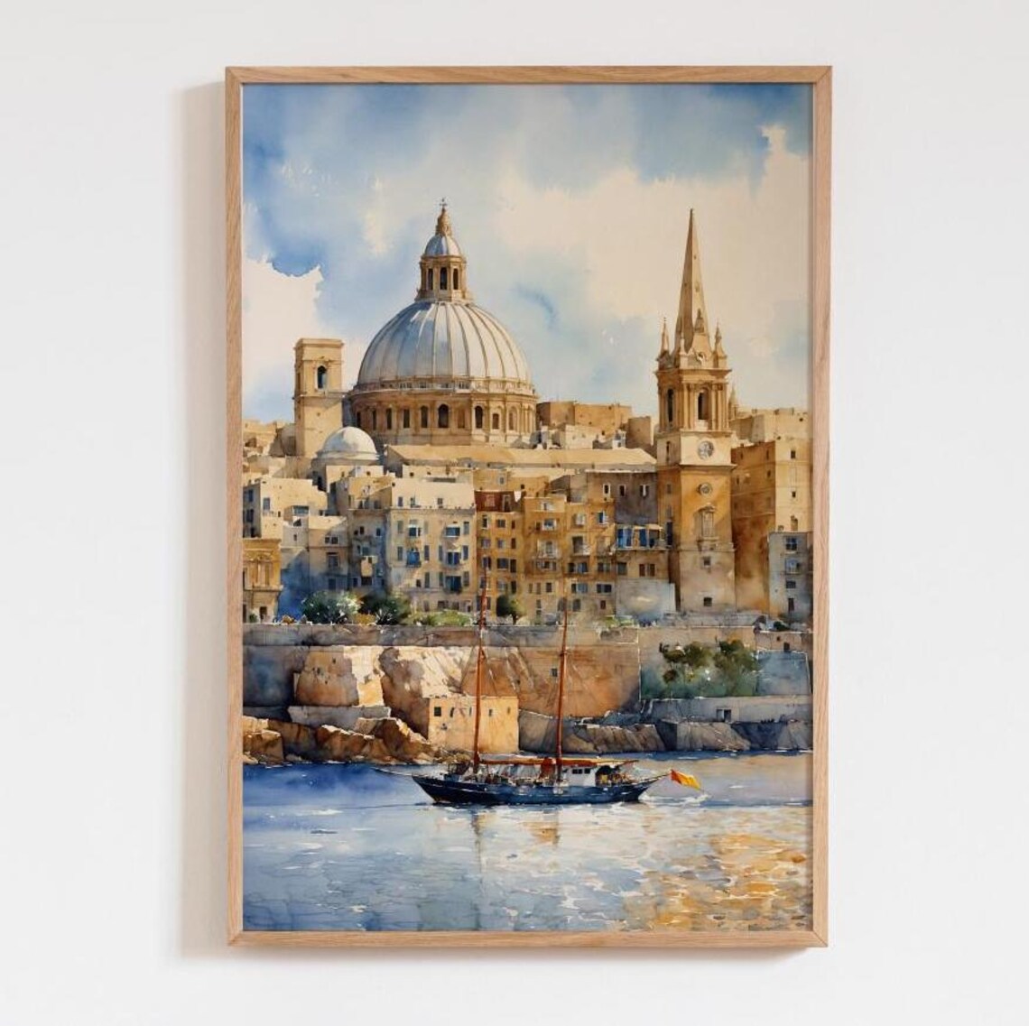 Valletta Malta Watercolor Print Harbor Dome Sailboat Art Decor