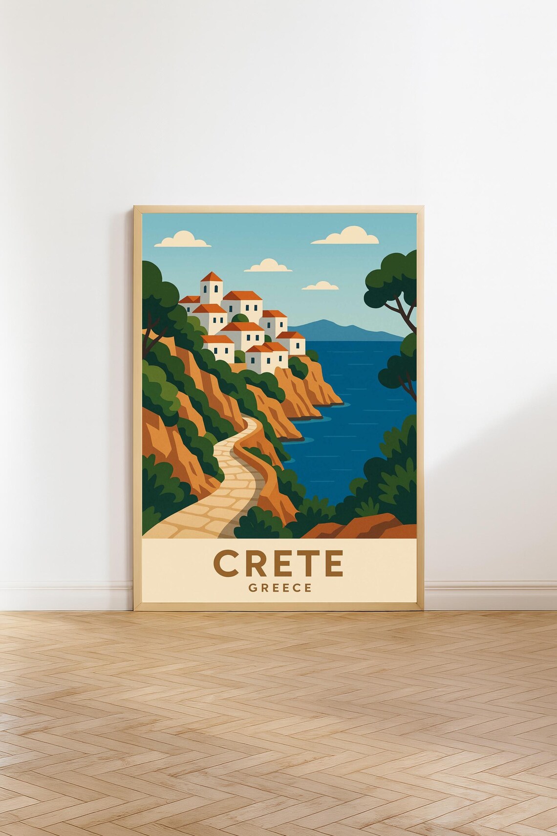 Crete Greece Cliffside Village Vintage Mediterranean Travel Poster