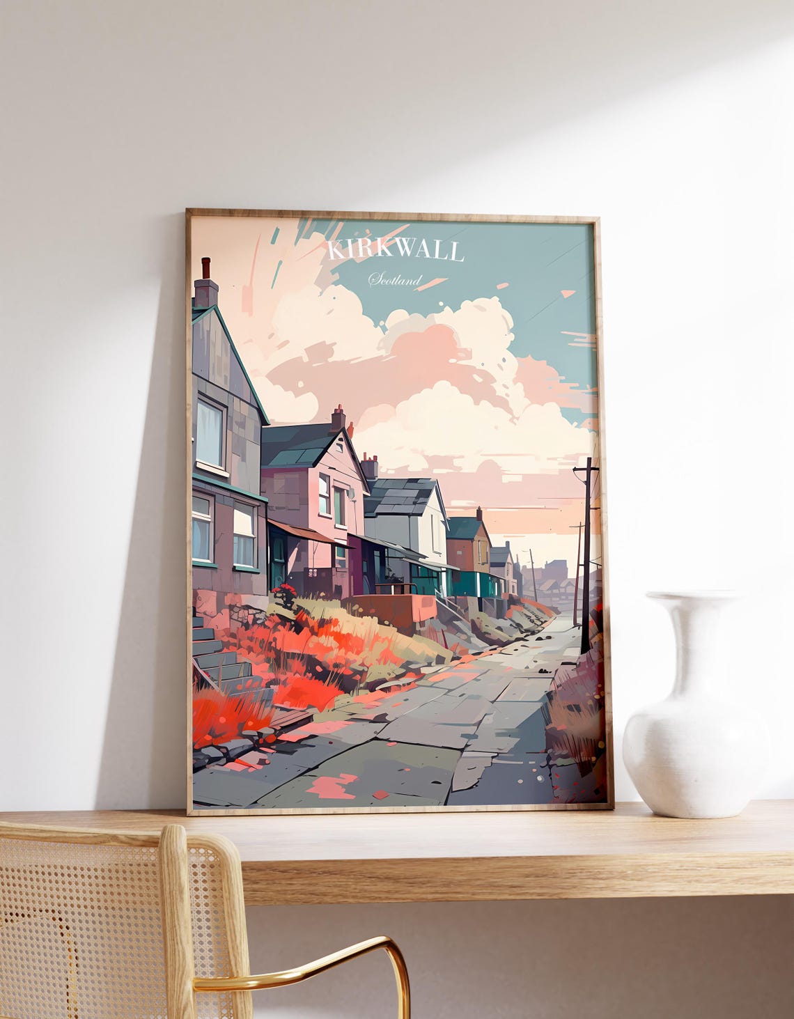 Kirkwall Scotland Travel Poster Orkney Cottage Street Sunset Scene