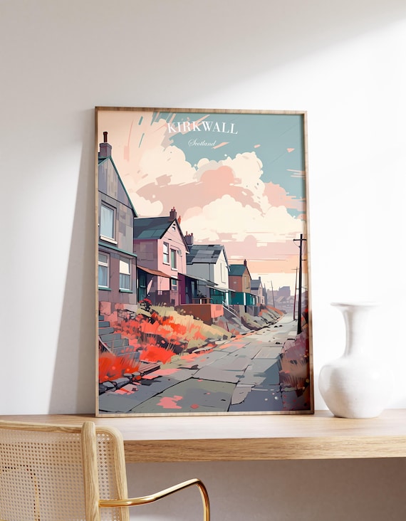 Kirkwall Scotland Travel Poster Orkney Cottage Street Sunset Scene
