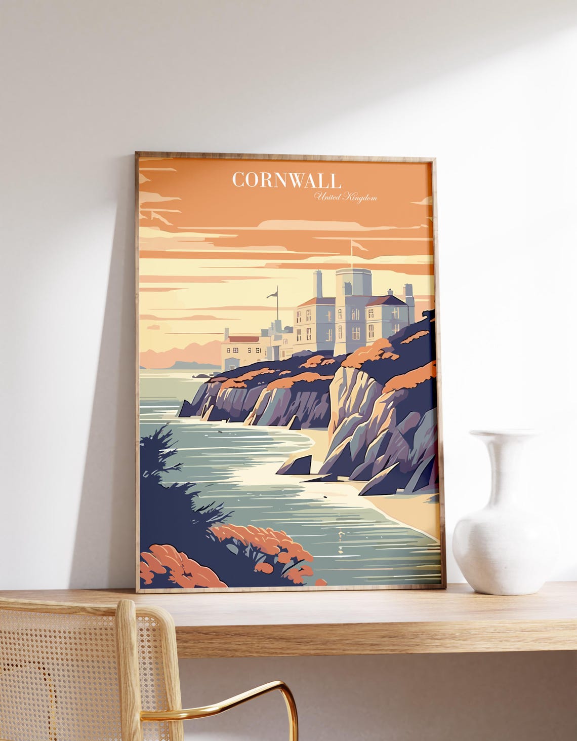 Cornwall United Kingdom Coastal Cliffs Castle Vintage Travel Poster