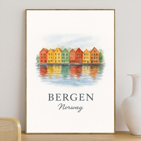 Bergen Norway Bryggen Harbor Houses Watercolor Travel Poster