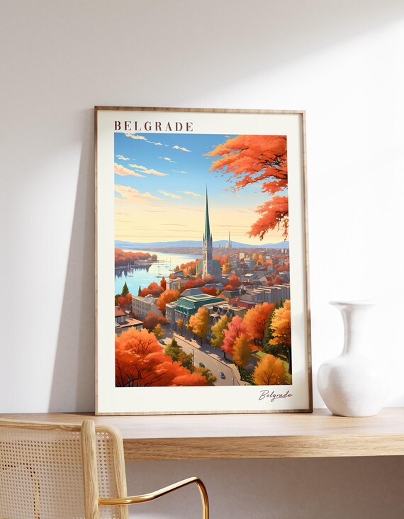 Belgrade Serbia Autumn River Church Spire City Travel Poster