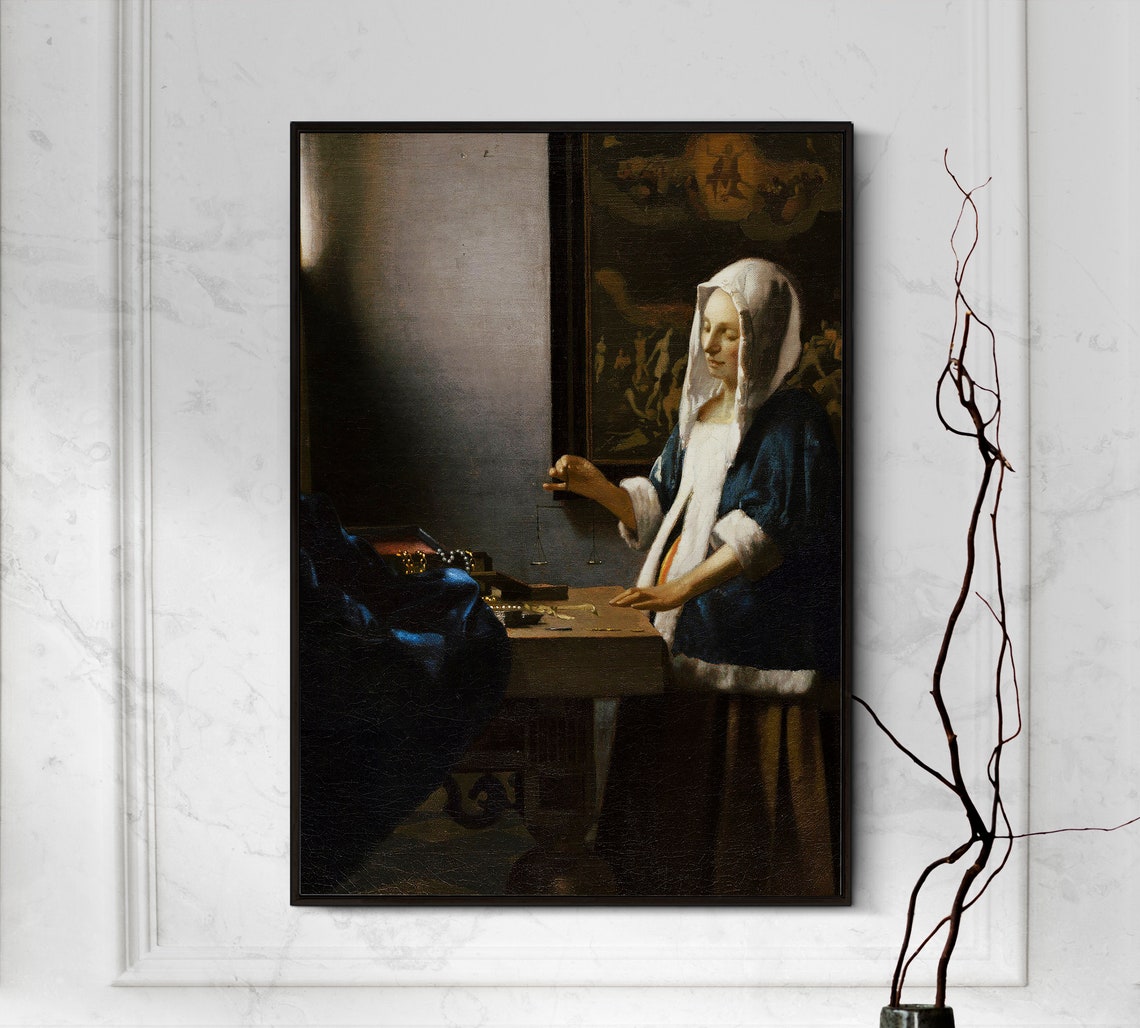 Johannes Vermeer Woman Holding A Balance 1664 Classic Painting Photo Poster Print Art Gift Home Wall Decor Girl With Justice Scales