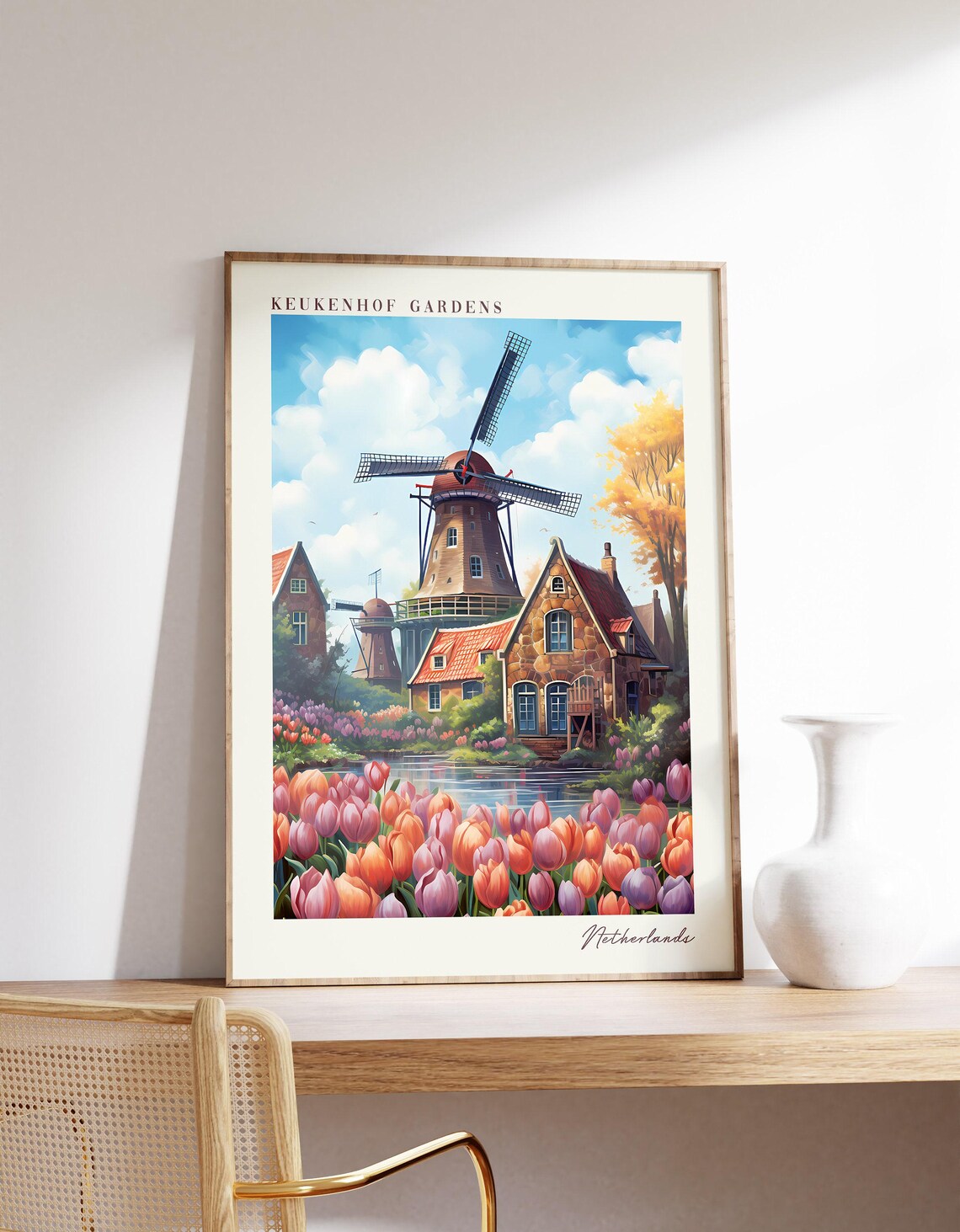 Keukenhof Gardens Netherlands Tulips Windmill Travel Art Poster