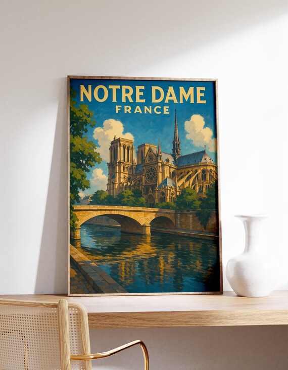 Notre Dame France Cathedral Seine Bridge Vintage Travel Poster