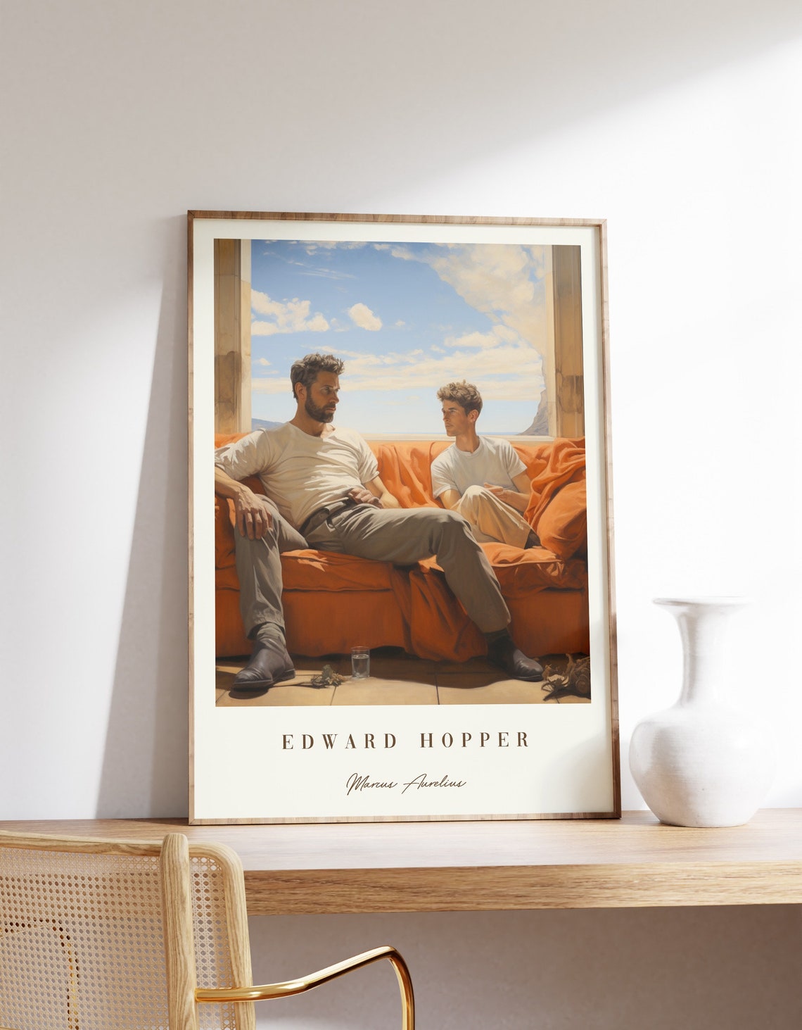 Two Men on Orange Sofa by Open Window Blue Sky American Style Poster