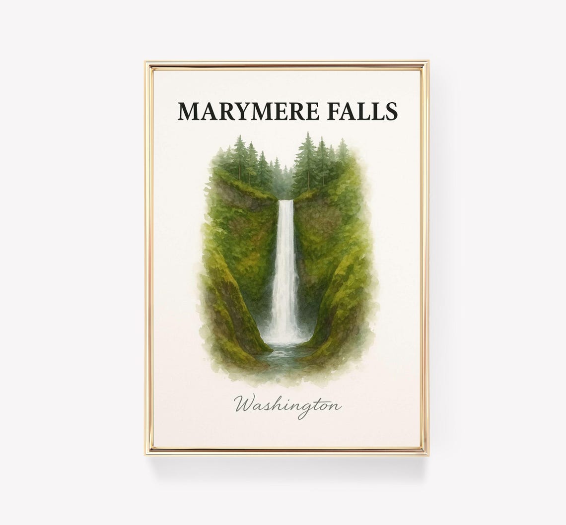 Marymere Falls Washington Mossy Waterfall Watercolor Nature Poster