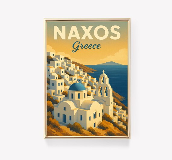 Naxos Greece Vintage Whitewashed Island Town Sunset Scene Poster